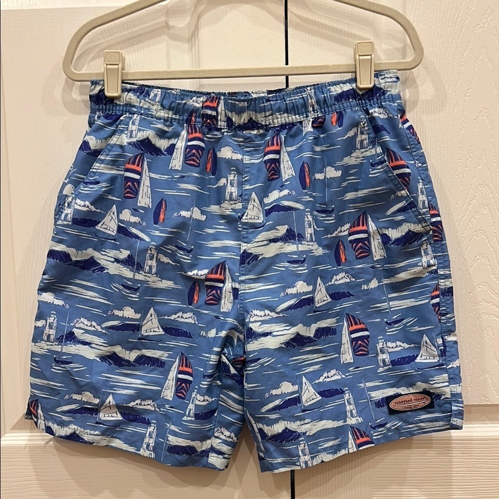 Vineyard Vines Chappy Swim Trunks Blue Sailboats Mens Size Small Nautical Preppy